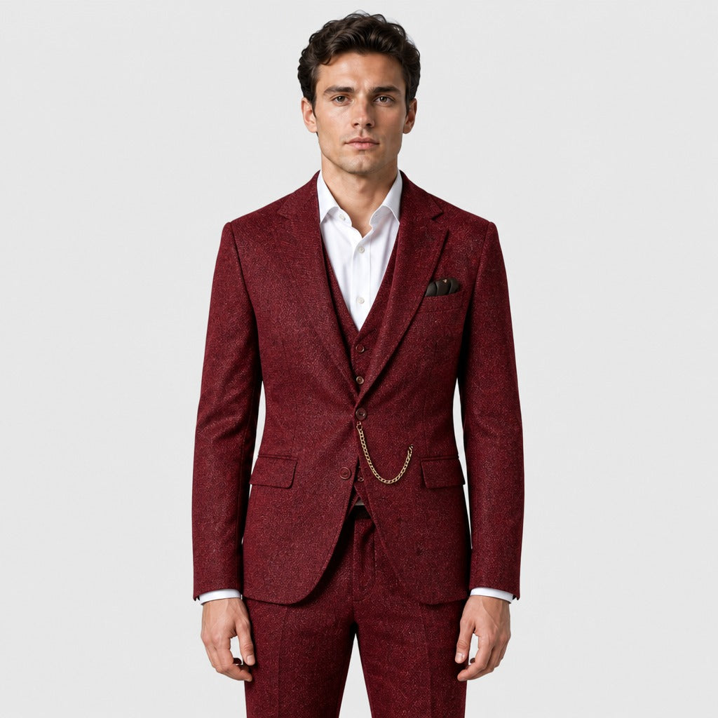 Men’s Slim Fit Single-Button Wool Blend Suit Burgundy