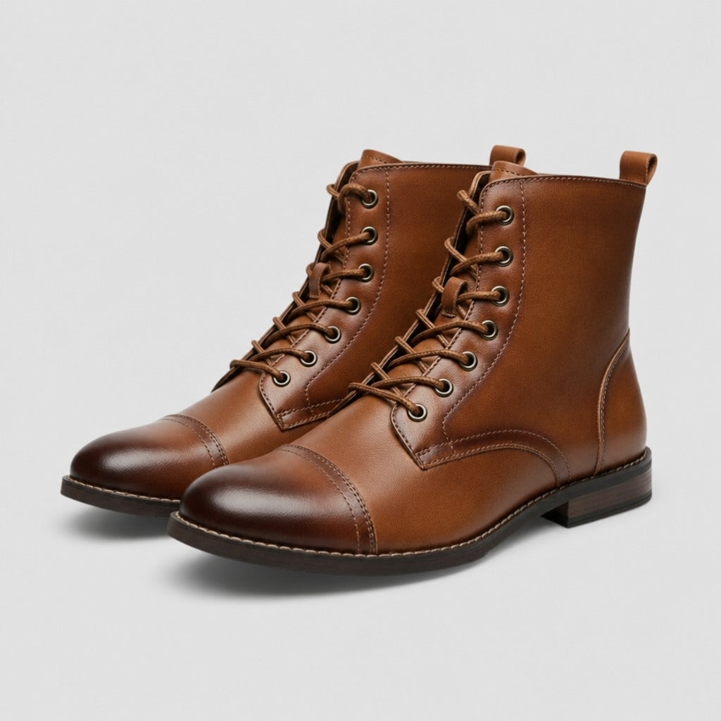 Men’s Split Leather Ankle Boots with Mid Heel Brown