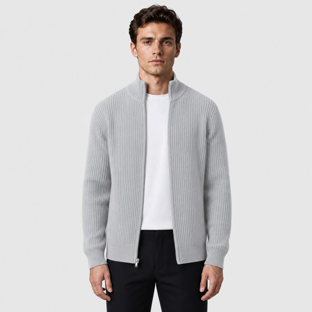 Men’s Stretch Knit High Neck Zip Cardigan Light Grey front