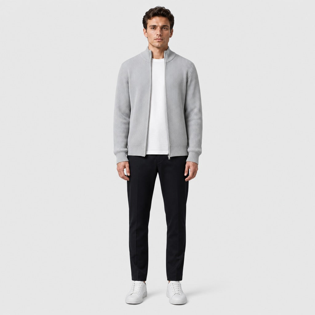 Men’s Stretch Knit High Neck Zip Cardigan Light Grey full length