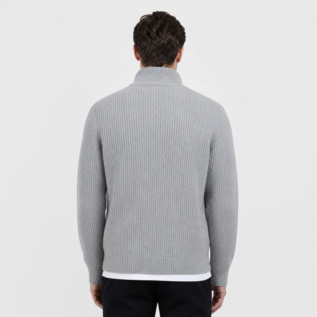 Men’s Stretch Knit High Neck Zip Cardigan Light Grey back