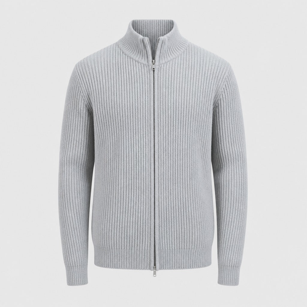 Men’s Stretch Knit High Neck Zip Cardigan Light Grey product front