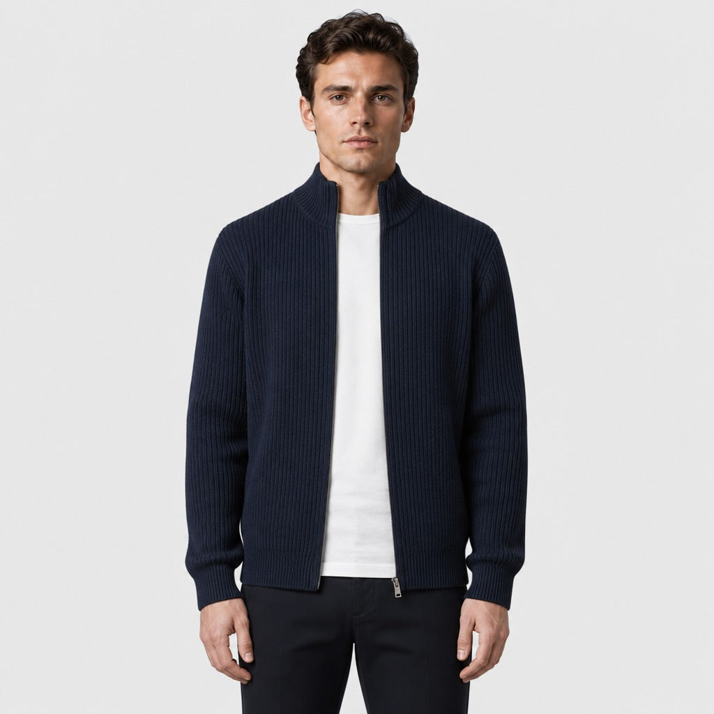 Men’s Stretch Knit High Neck Zip Cardigan Navy Blue