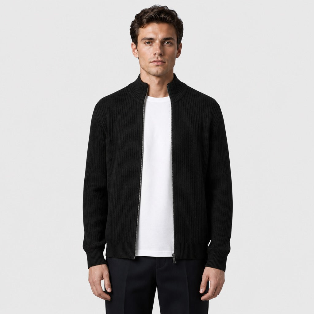 Men’s Stretch Knit High Neck Zip Cardigan Black