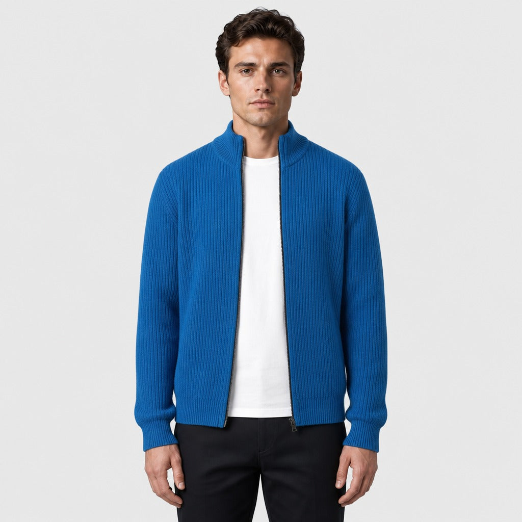 Men’s Stretch Knit High Neck Zip Cardigan Blue
