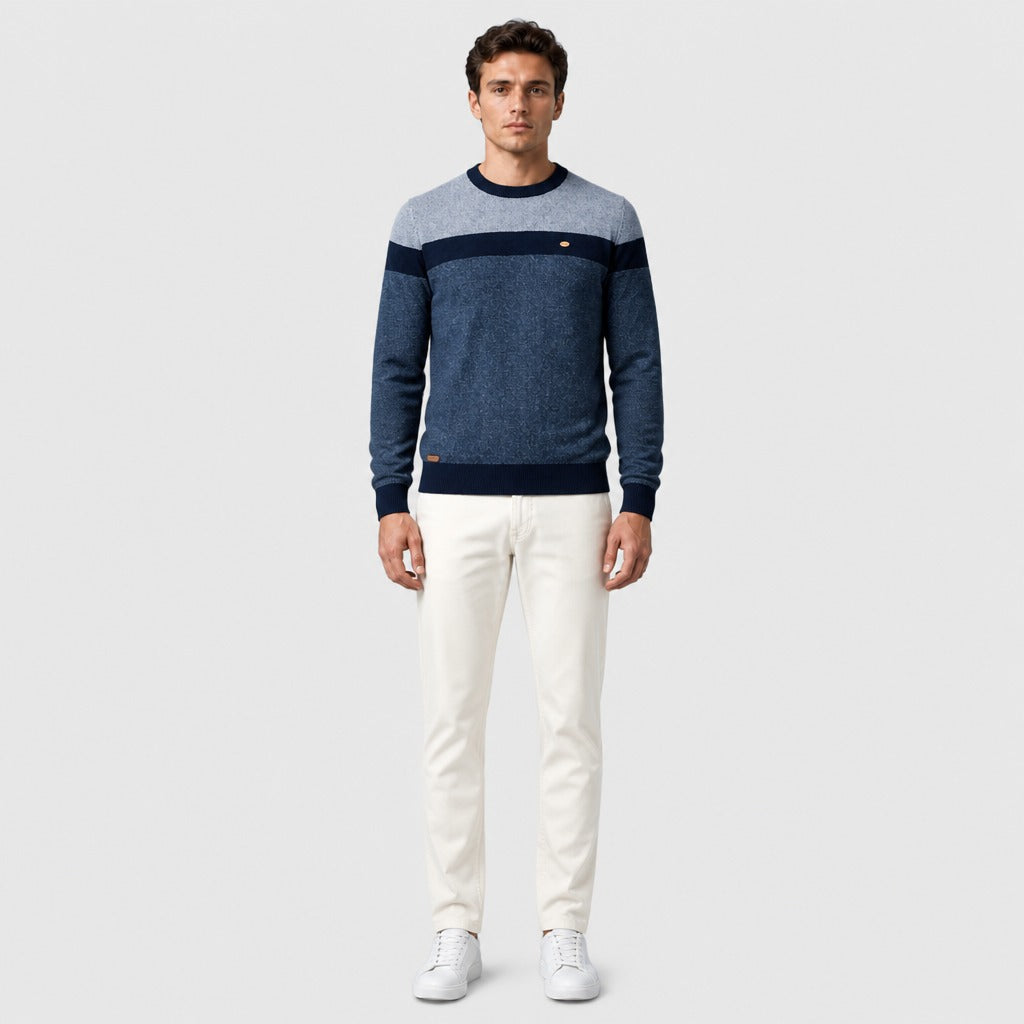 Men’s Striped Cotton Crew Neck Jumper Blue full length
