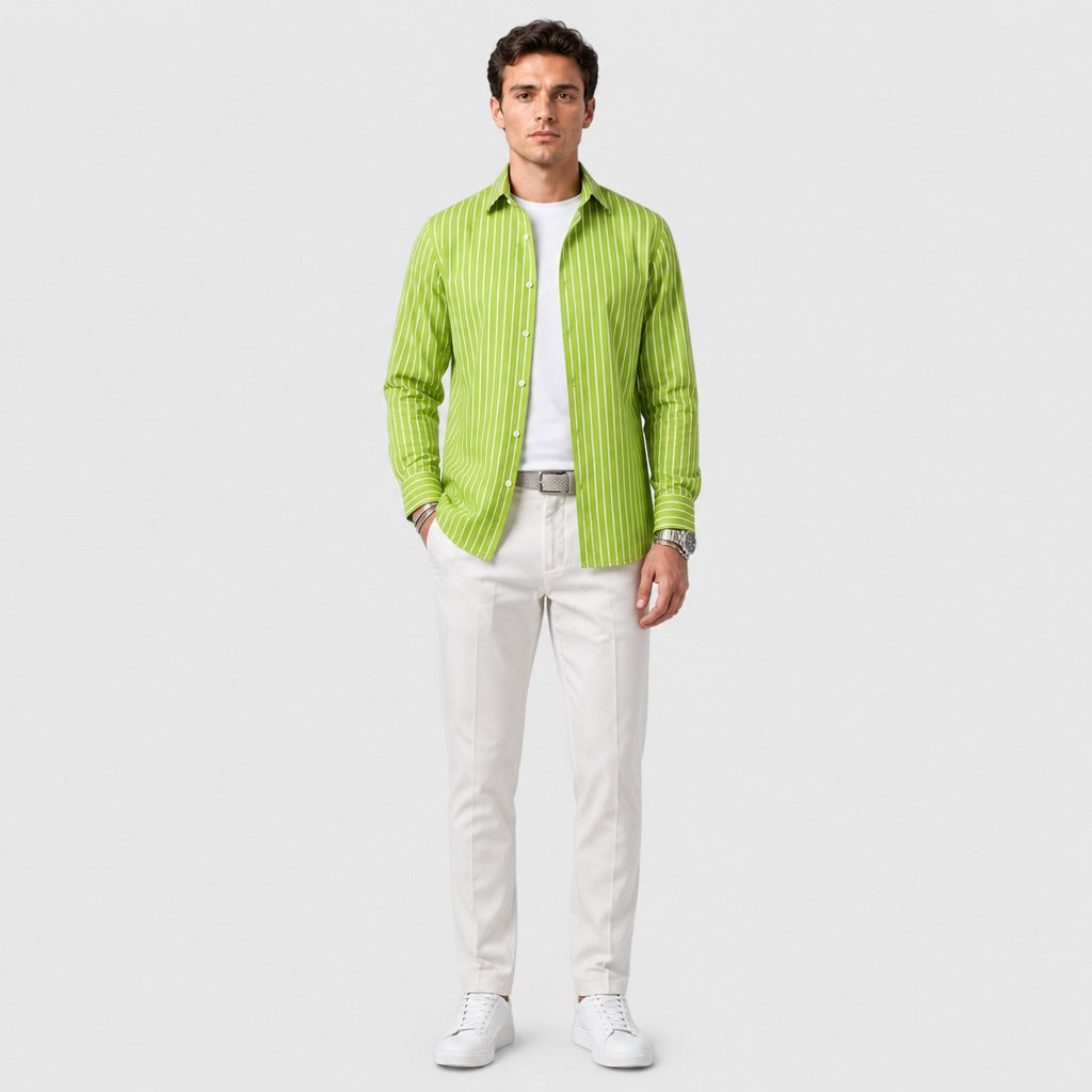 Men’s Striped Shirt with Turn-Down Collar Green full length