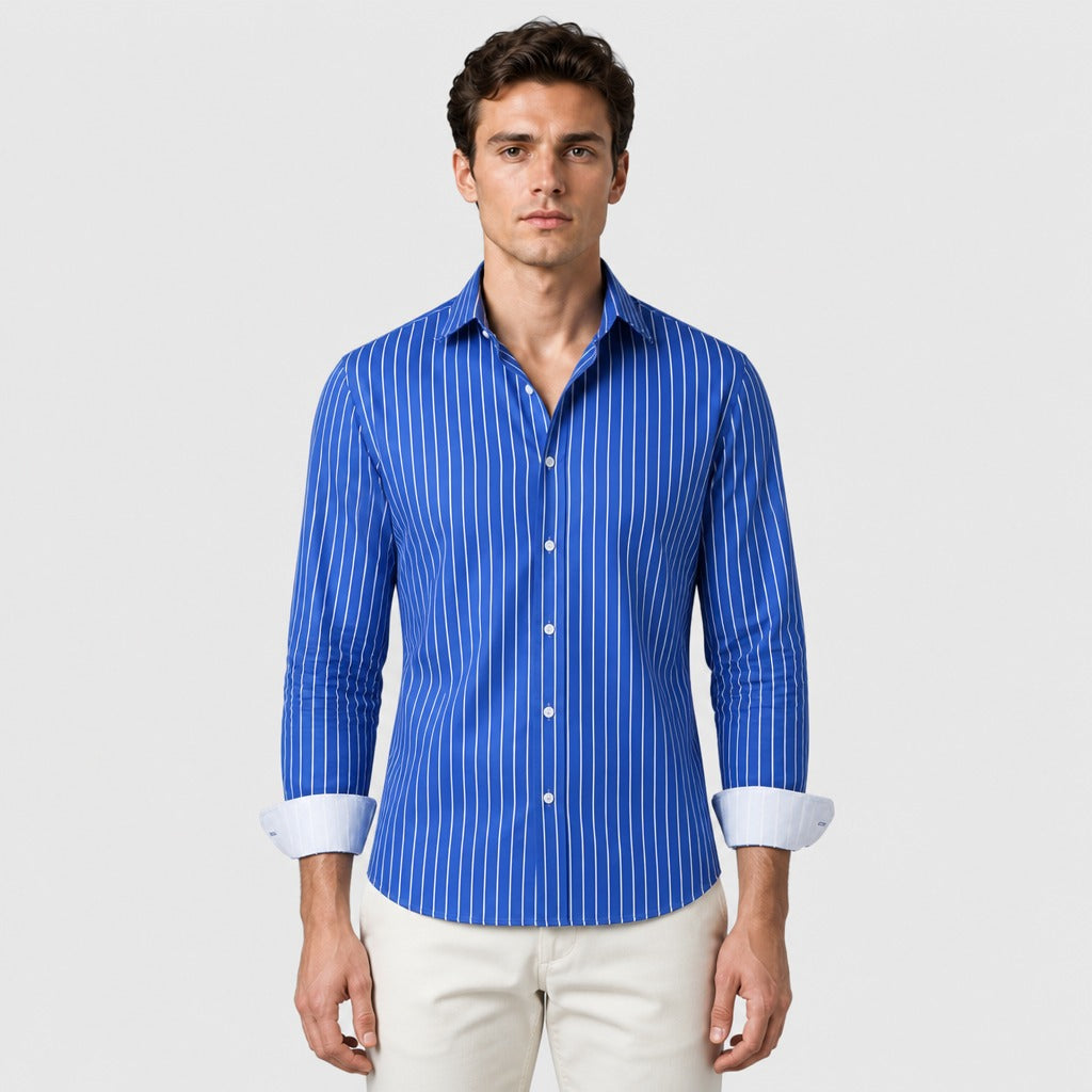 Men’s Striped Shirt with Turn-Down Collar Blue