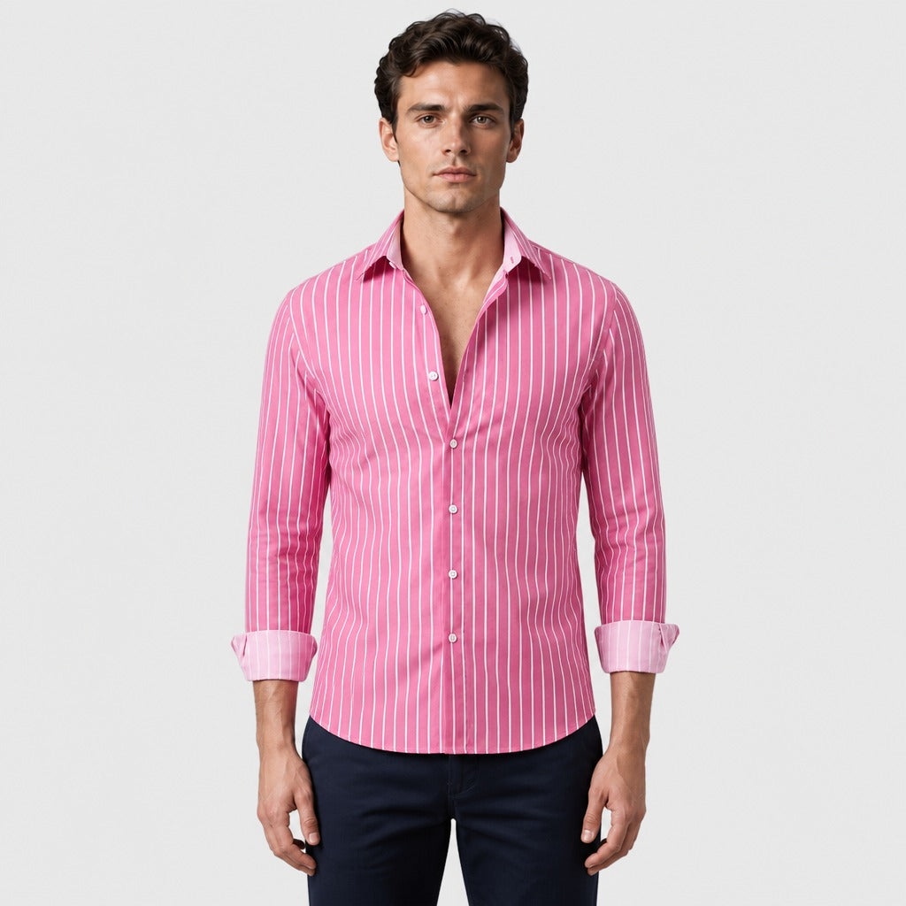 Men’s Striped Shirt with Turn-Down Collar Pink