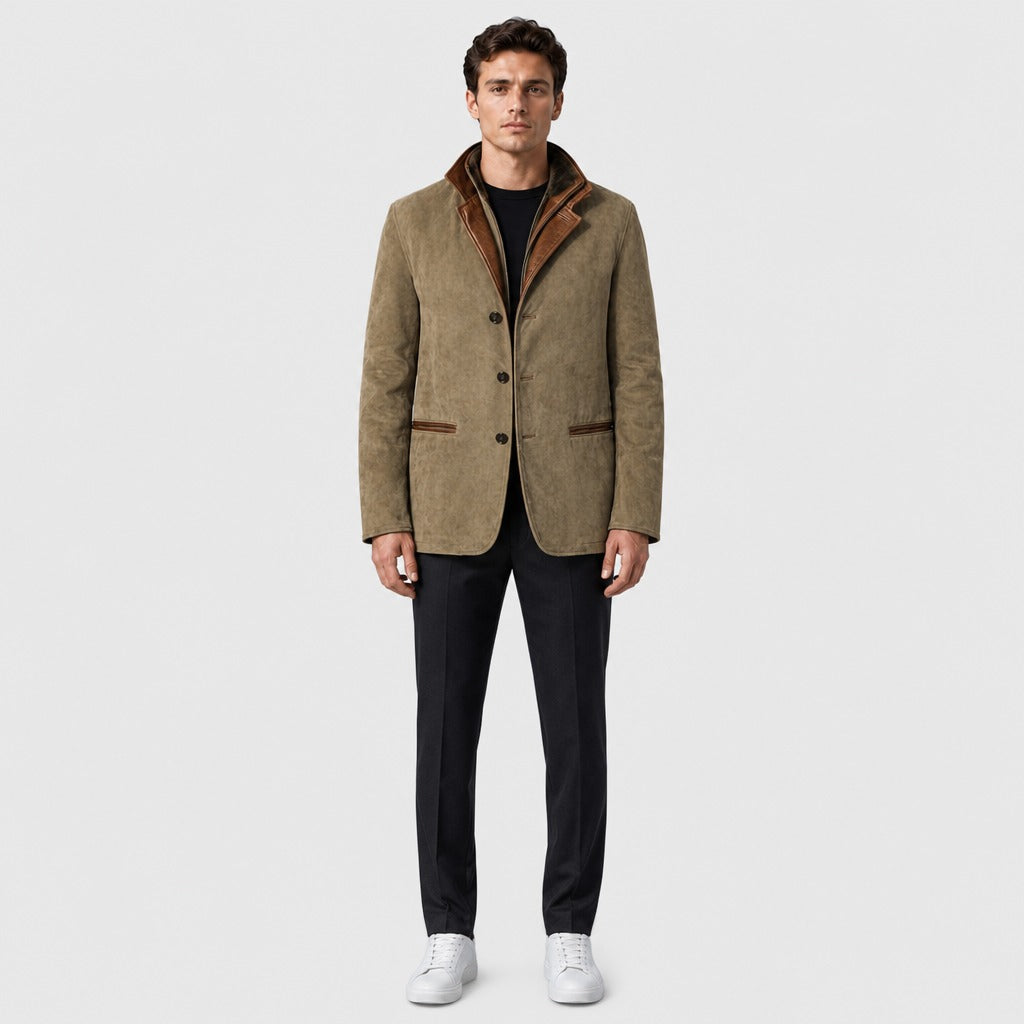 Men’s Suede Effect Layered Collar Jacket Khaki full length