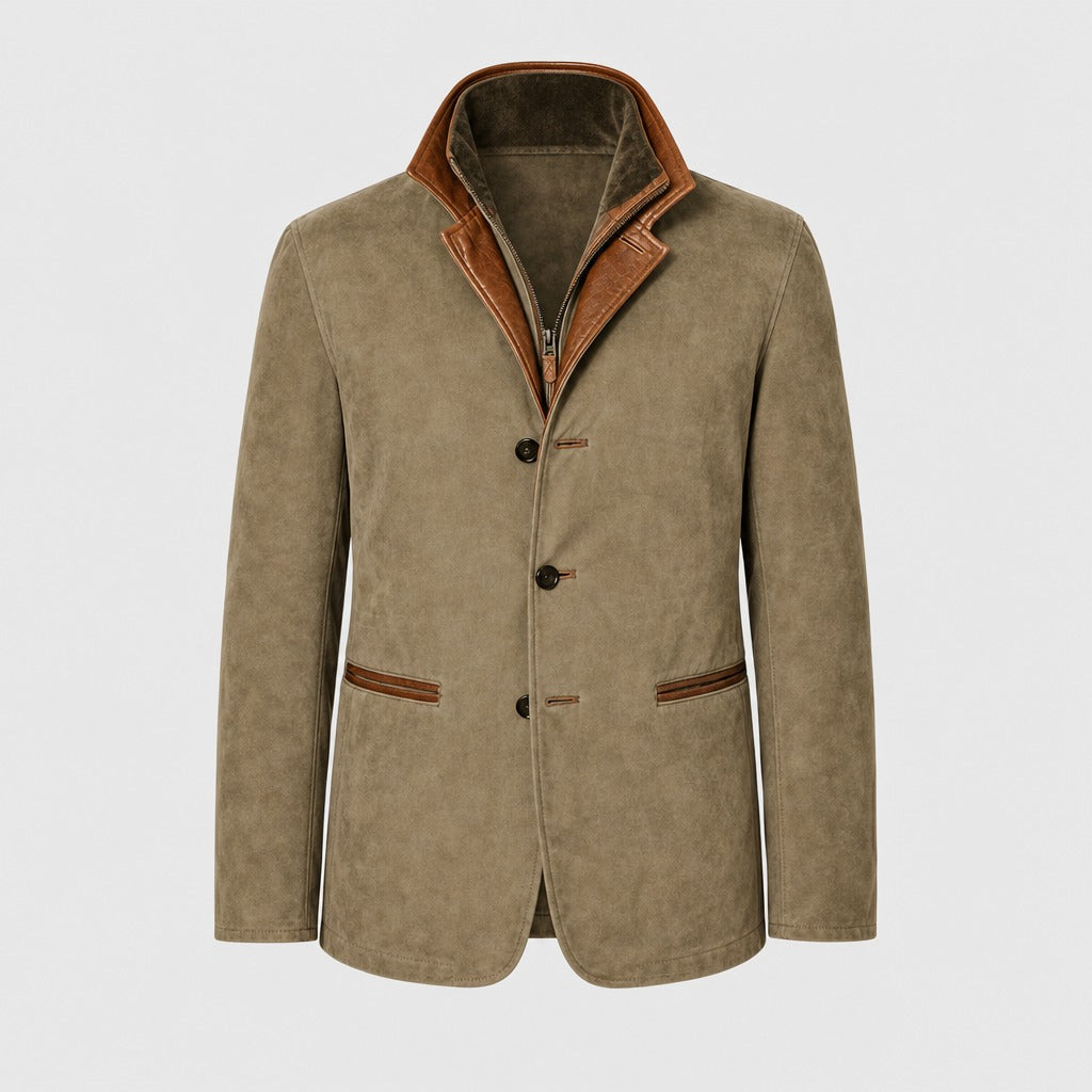 Men’s Suede Effect Layered Collar Jacket Khaki product front