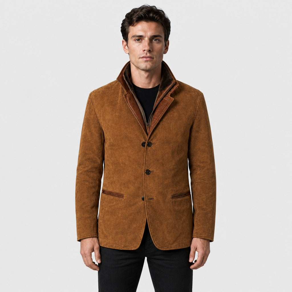 Men’s Suede Effect Layered Collar Jacket Brown