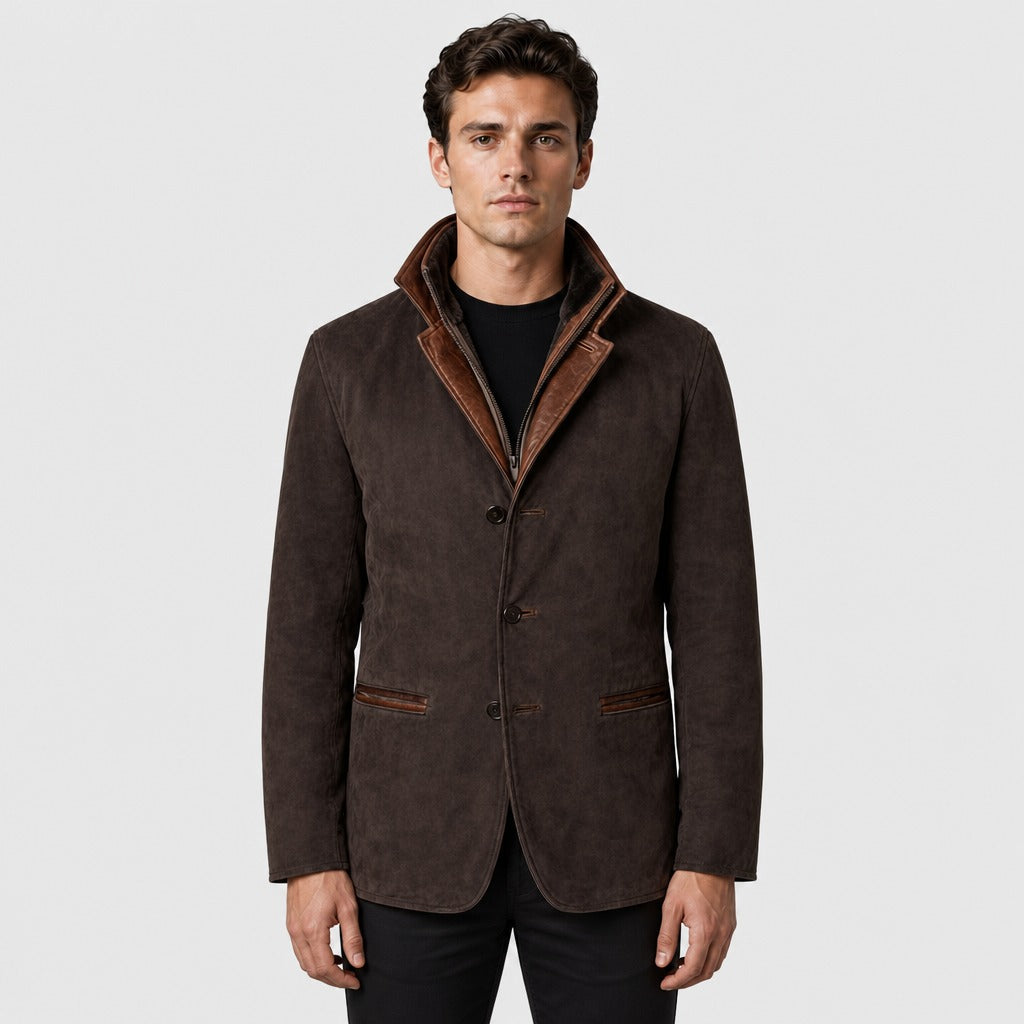 Men’s Suede Effect Layered Collar Jacket Dark Brown