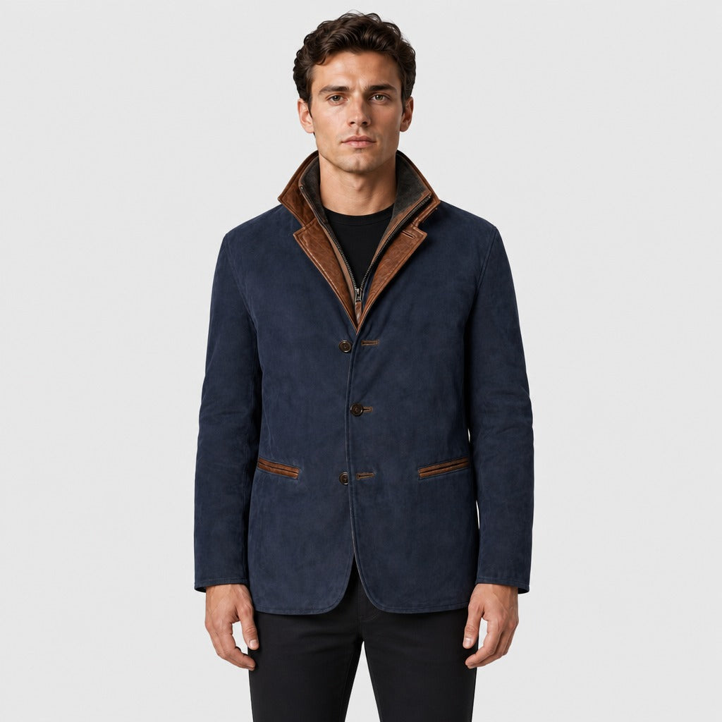 Men’s Suede Effect Layered Collar Jacket Blue