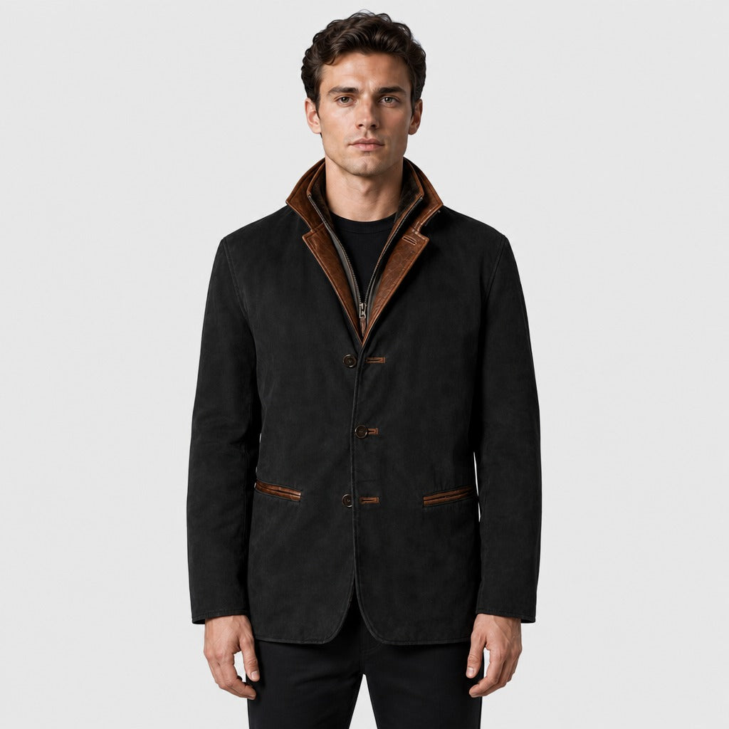 Men’s Suede Effect Layered Collar Jacket Black