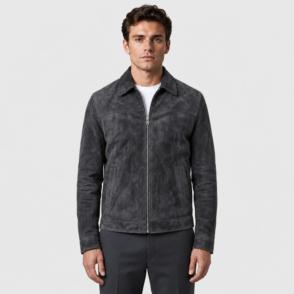 Men’s Suede Effect Zip Jacket with Collar Black front