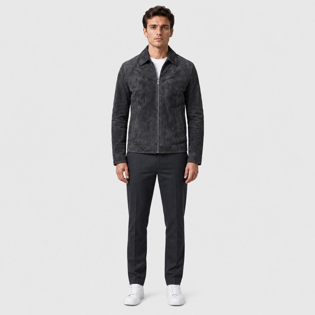 Men’s Suede Effect Zip Jacket with Collar Black full length