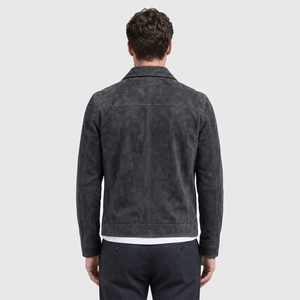 Men’s Suede Effect Zip Jacket with Collar Black back