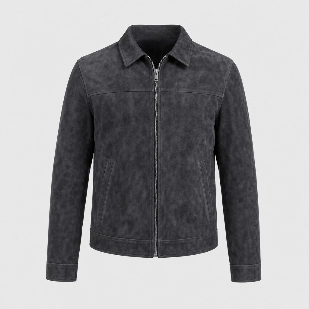 Men’s Suede Effect Zip Jacket with Collar Black product front