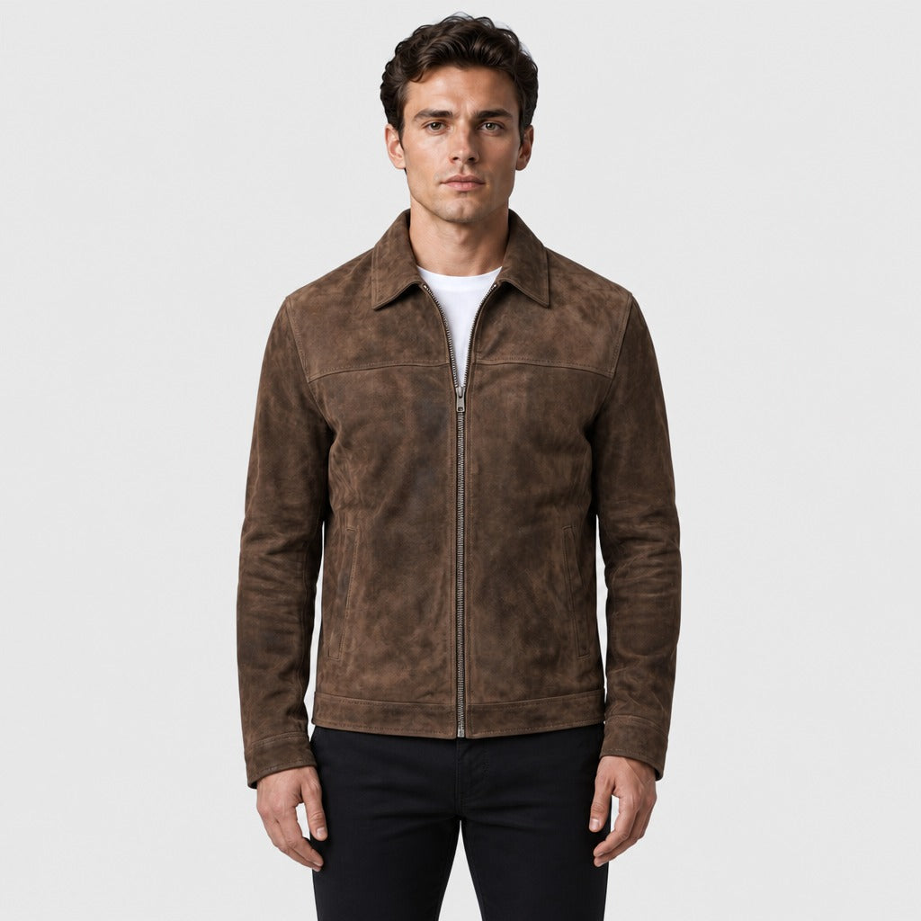 Men’s Suede Effect Zip Jacket with Collar Brown