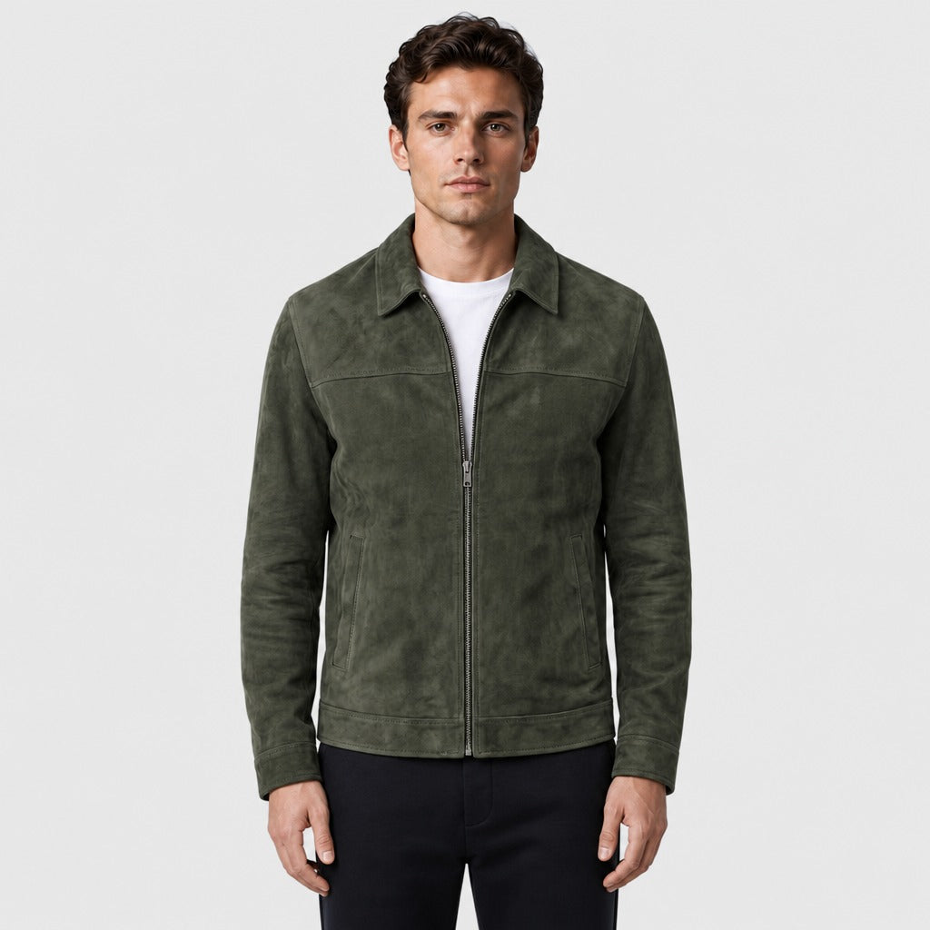Men’s Suede Effect Zip Jacket with Collar Olive Green