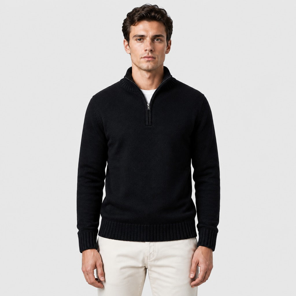 Men’s Thick Zip-Up Knit Jumper Black front