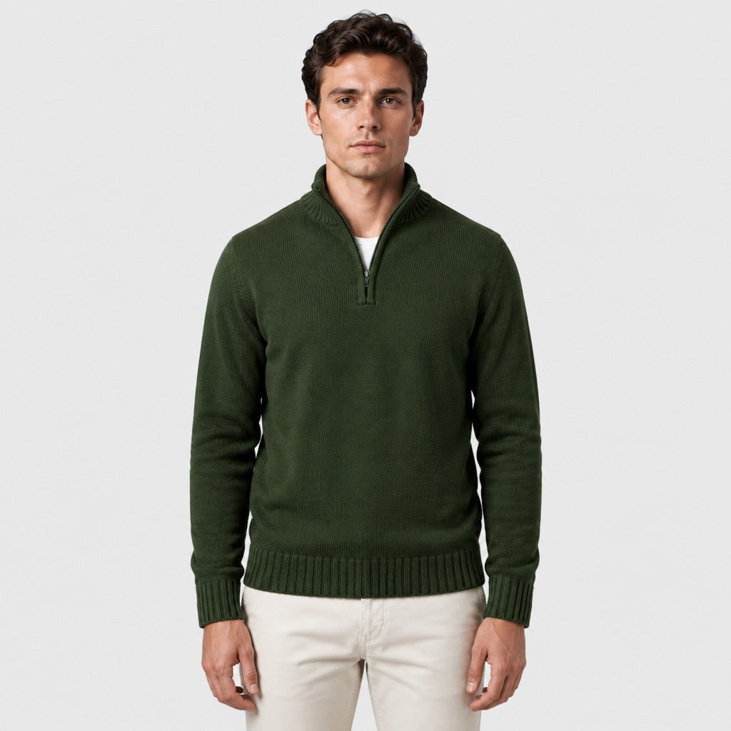 Men’s Thick Zip-Up Knit Jumper Dark Green