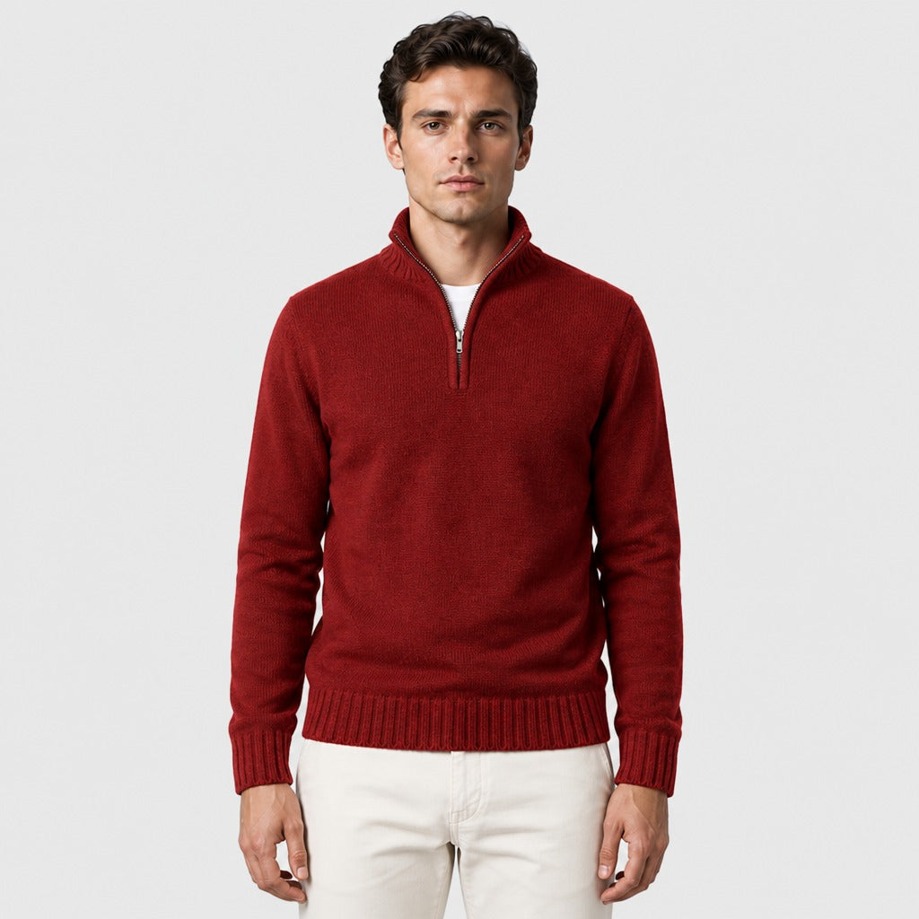 Men’s Thick Zip-Up Knit Jumper Dark Red