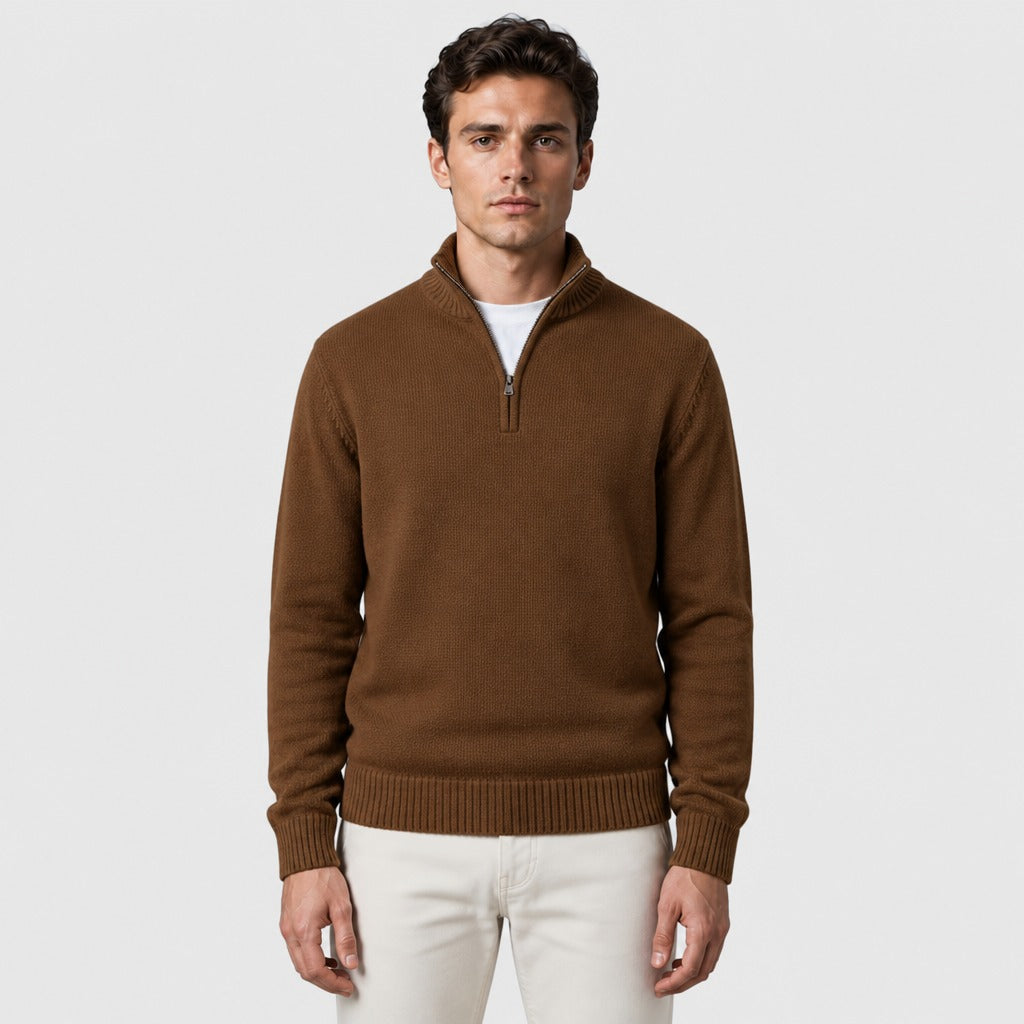 Men’s Thick Zip-Up Knit Jumper Brown
