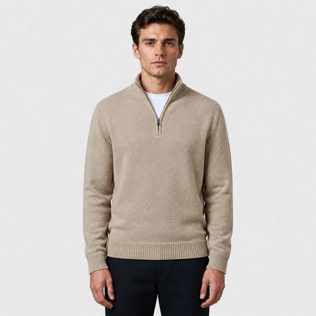 Men’s Thick Zip-Up Knit Jumper Beige