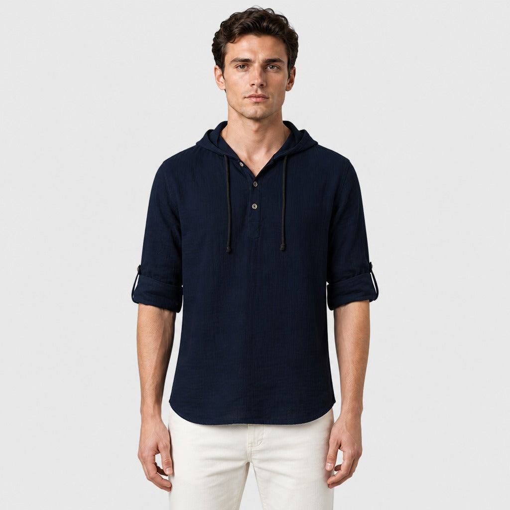 Men’s V-Neck Hooded T-Shirt Navy Blue front