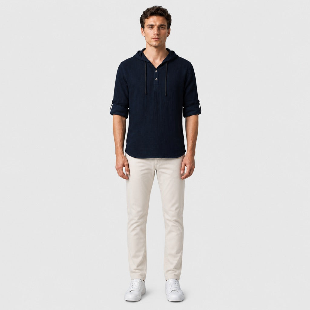 Men’s V-Neck Hooded T-Shirt Navy Blue full length