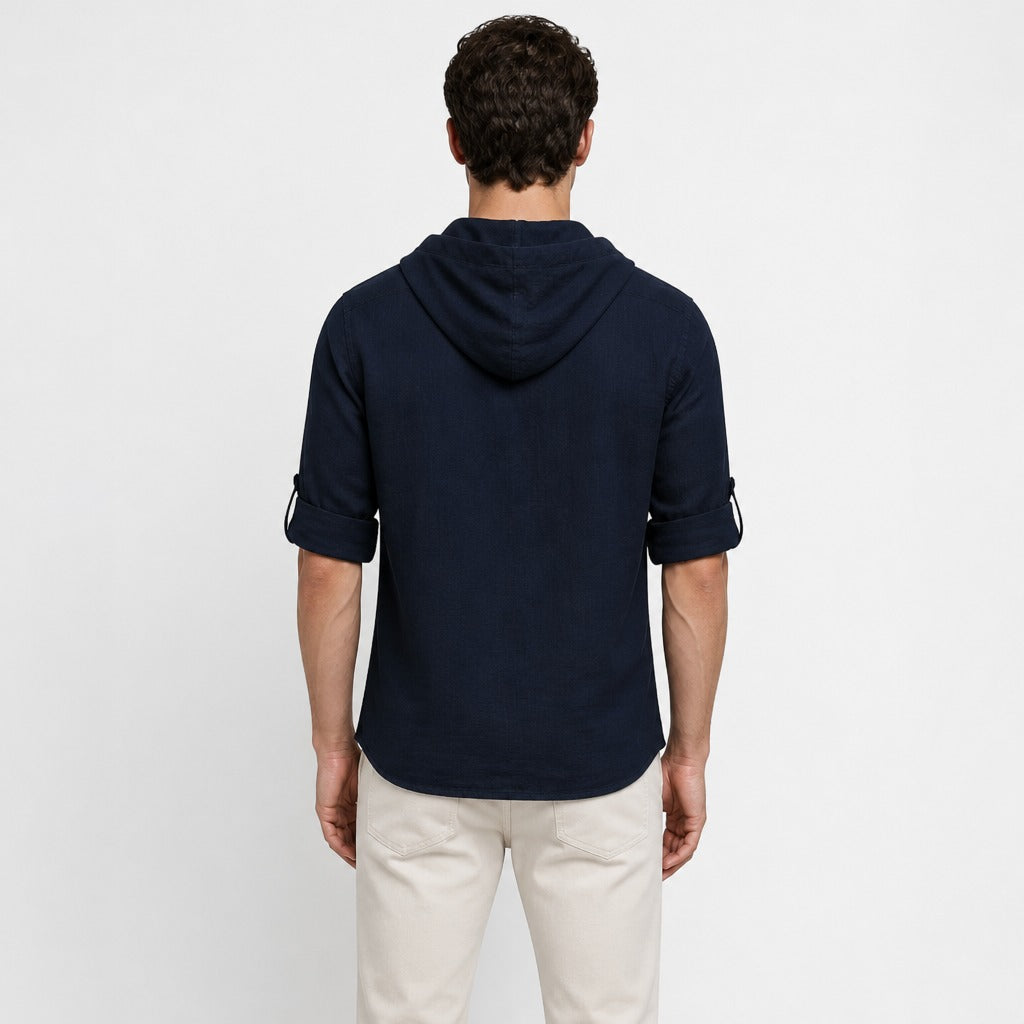 Men’s V-Neck Hooded T-Shirt Navy Blue back