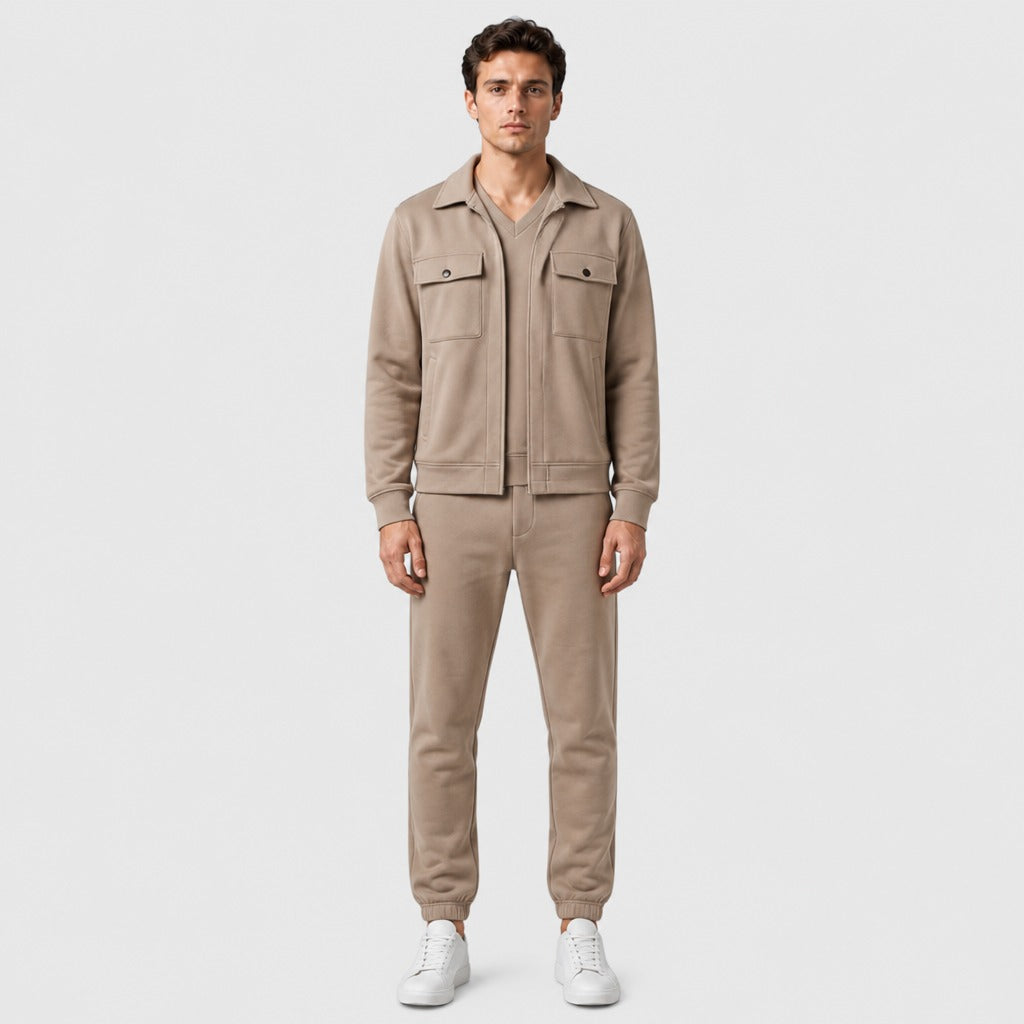 Men’s V-Neck Tracksuit Set with Pockets Khaki full length
