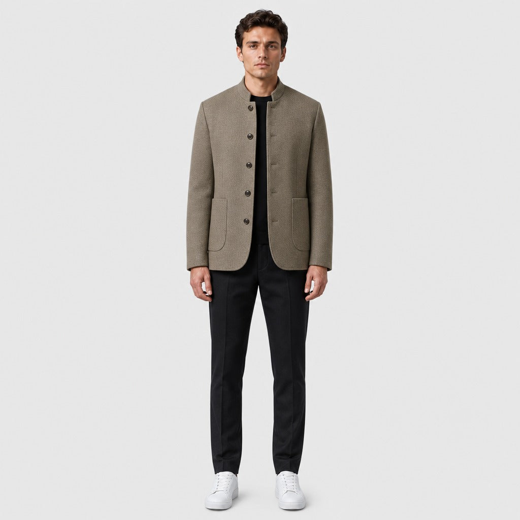 Men’s Velvet Button-Front Jacket with Cashmere Lining Desert Taupe full length