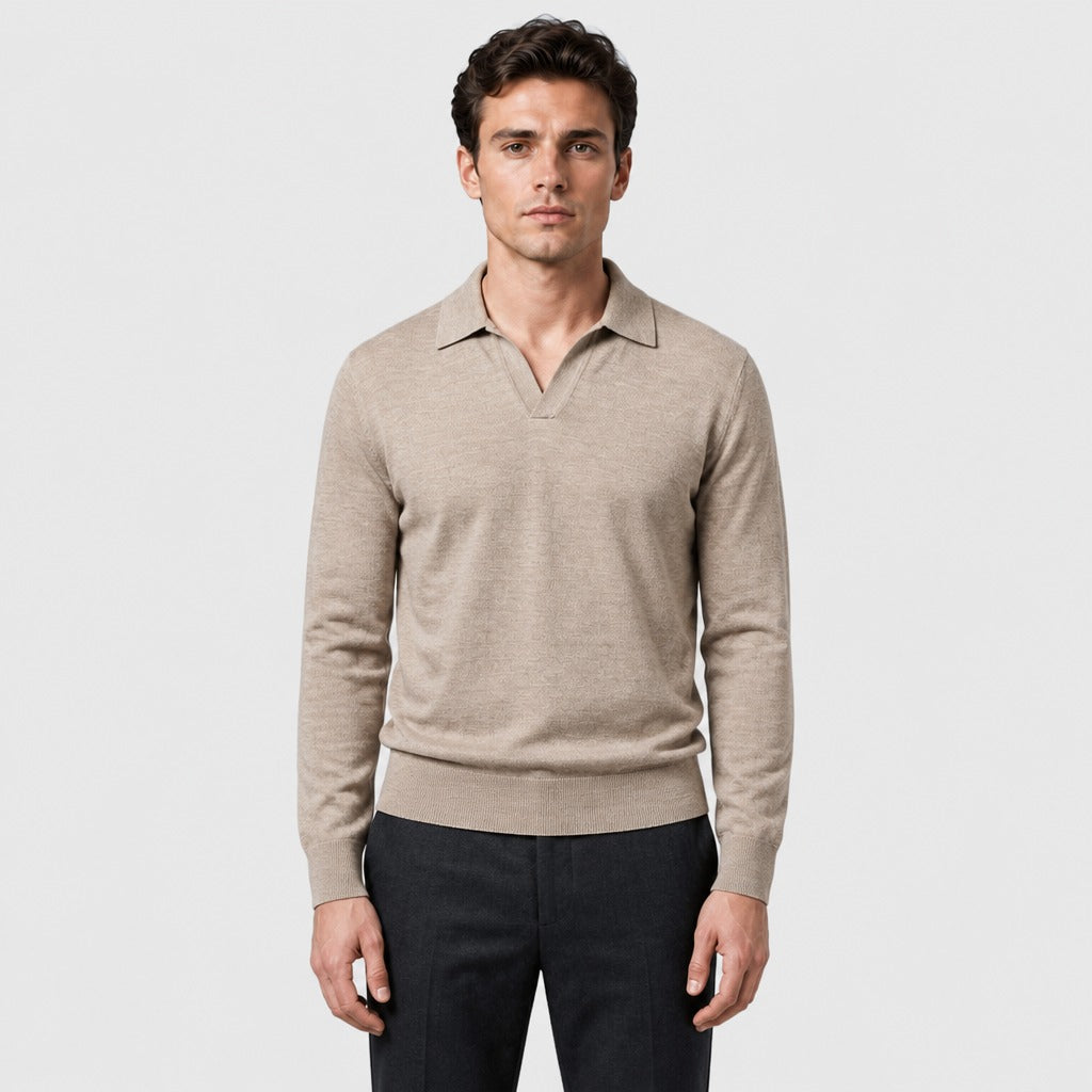 Men’s Vintage Knitted Polo Shirt with Ribbed Cuffs Beige front