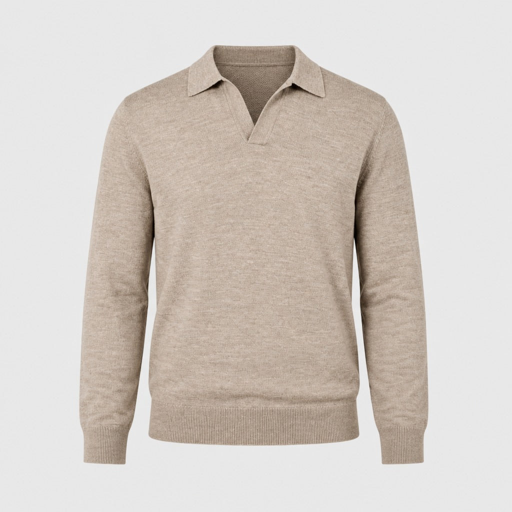 Men’s Vintage Knitted Polo Shirt with Ribbed Cuffs Beige product front