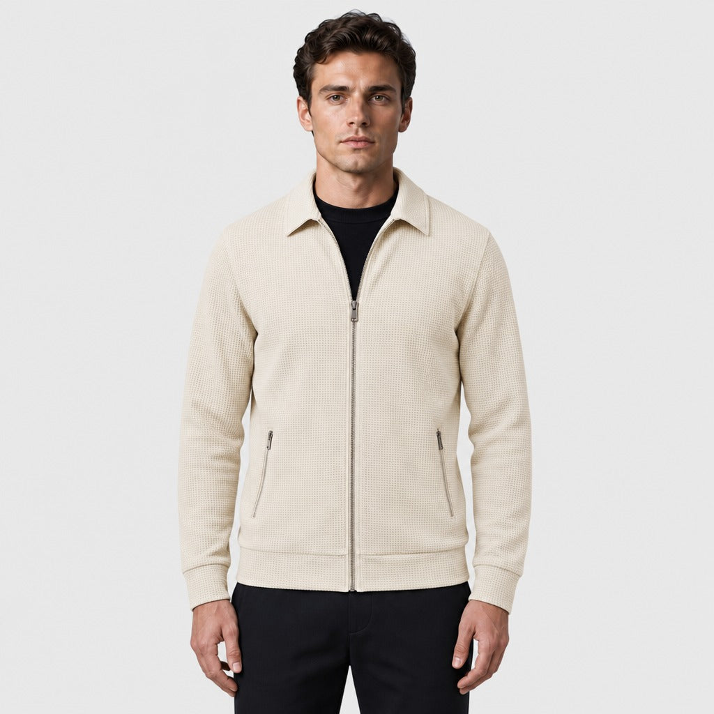 Men’s Waffle Knit Zip-Front Jacket Beige front