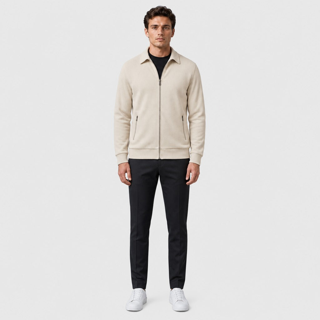 Men’s Waffle Knit Zip-Front Jacket Beige full length