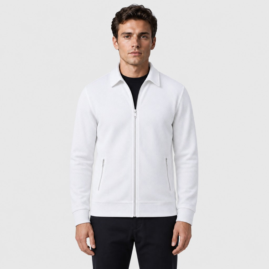 Men’s Waffle Knit Zip-Front Jacket White