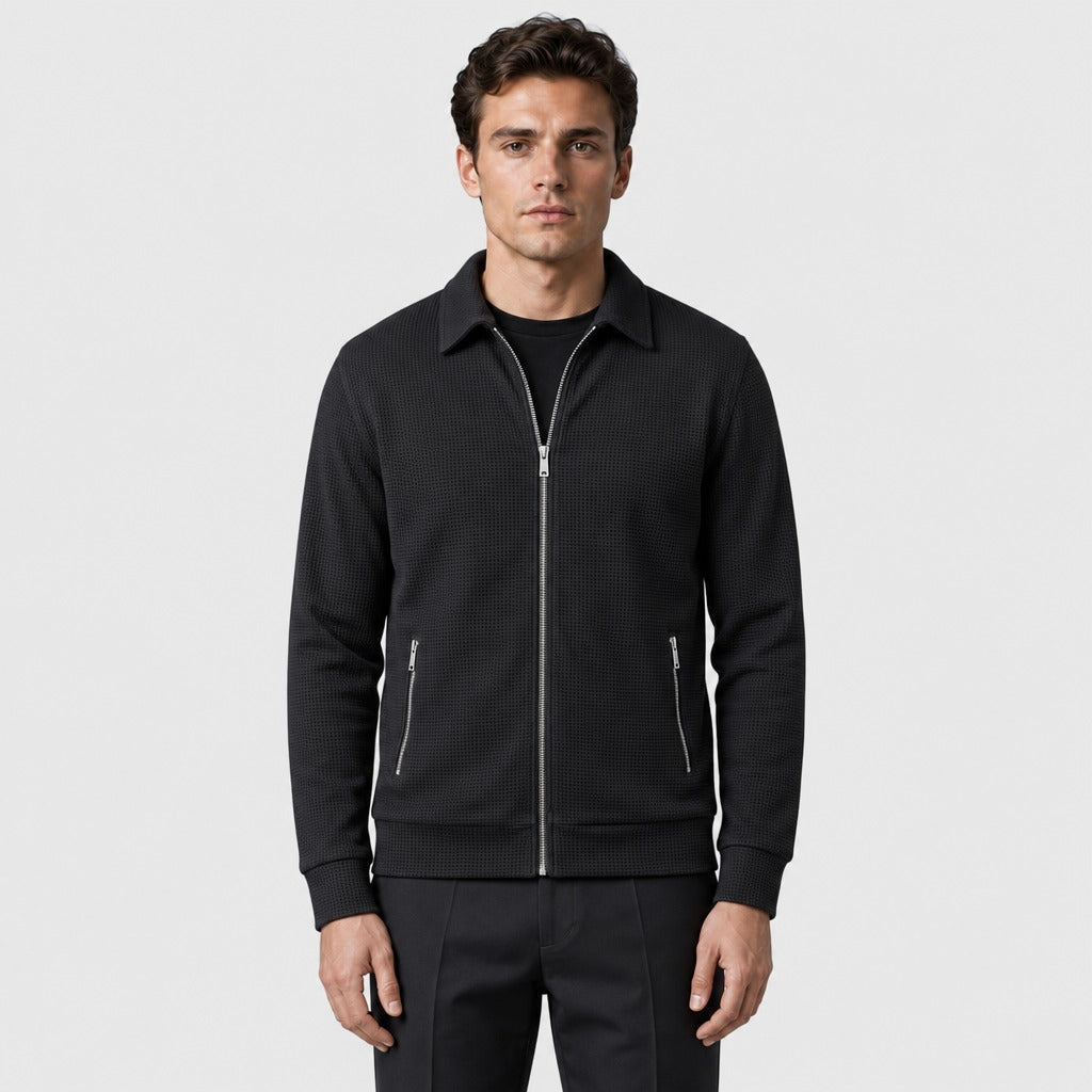Men’s Waffle Knit Zip-Front Jacket Black