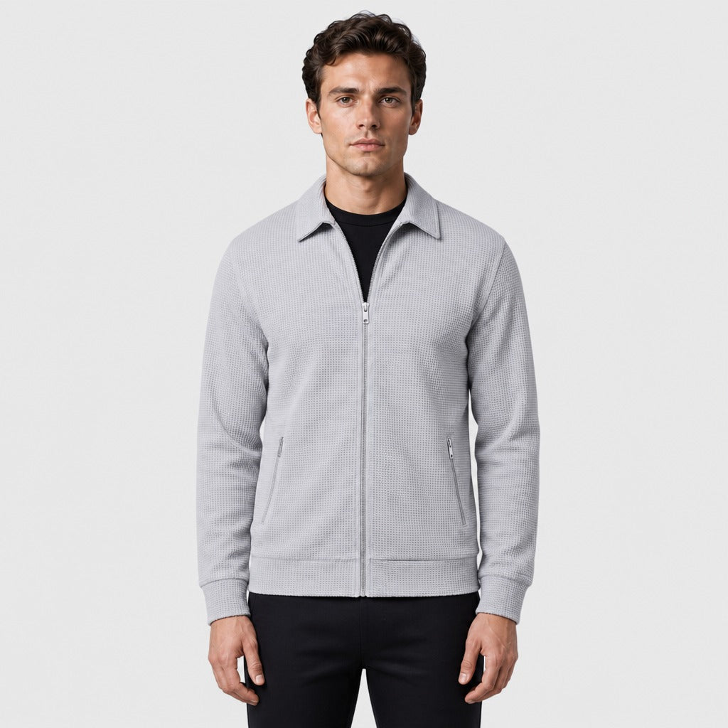 Men’s Waffle Knit Zip-Front Jacket Light Grey
