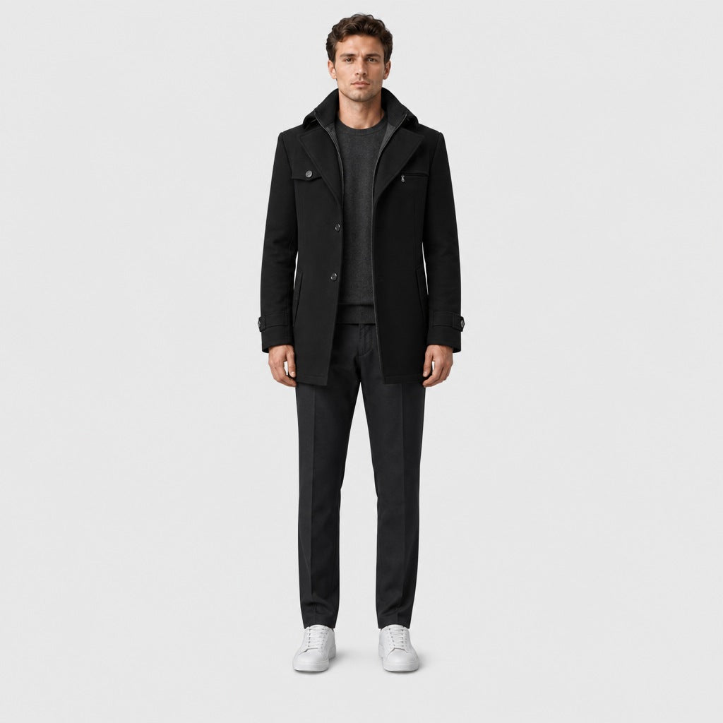 Men's Wool Blend Button Pea Coat Black full length