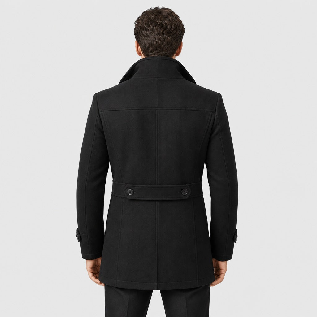 Men's Wool Blend Button Pea Coat Black back