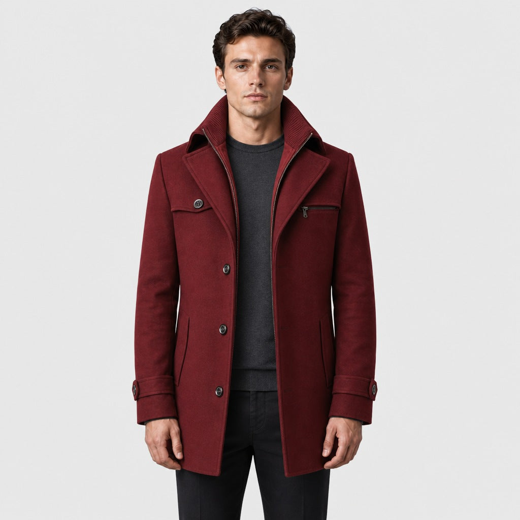 Men's Wool Blend Button Pea Coat Dark Red