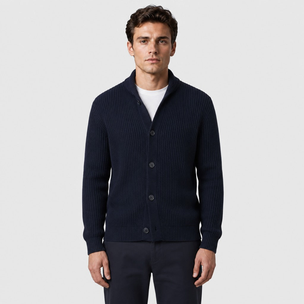 Men’s Wool Blend Collared Button Cardigan Navy Blue front