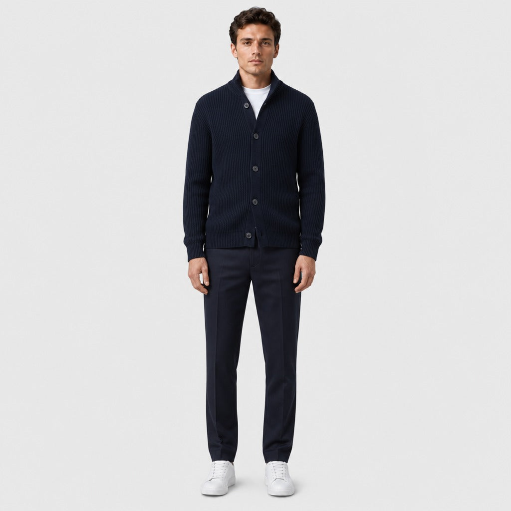 Men’s Wool Blend Collared Button Cardigan Navy Blue full length