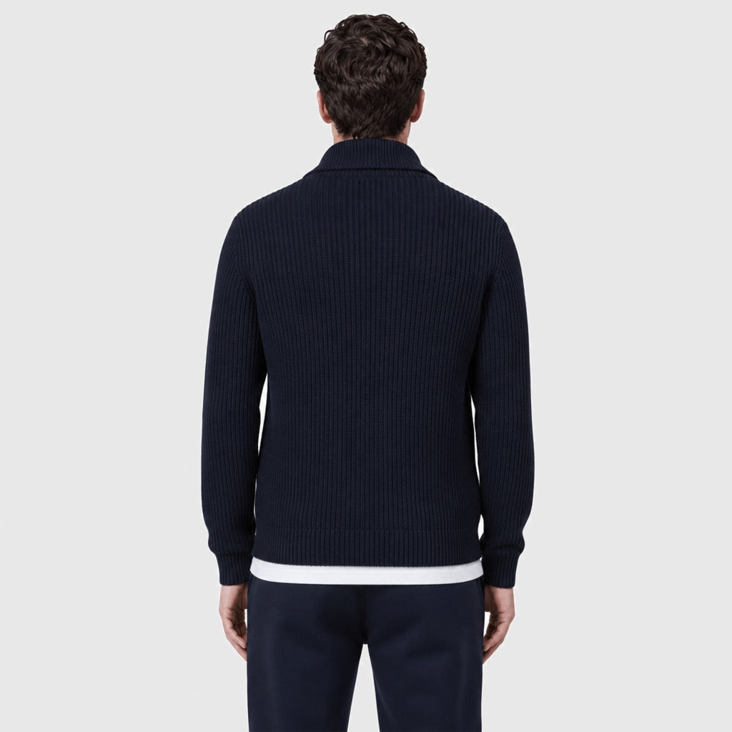 Men’s Wool Blend Collared Button Cardigan Navy Blue back