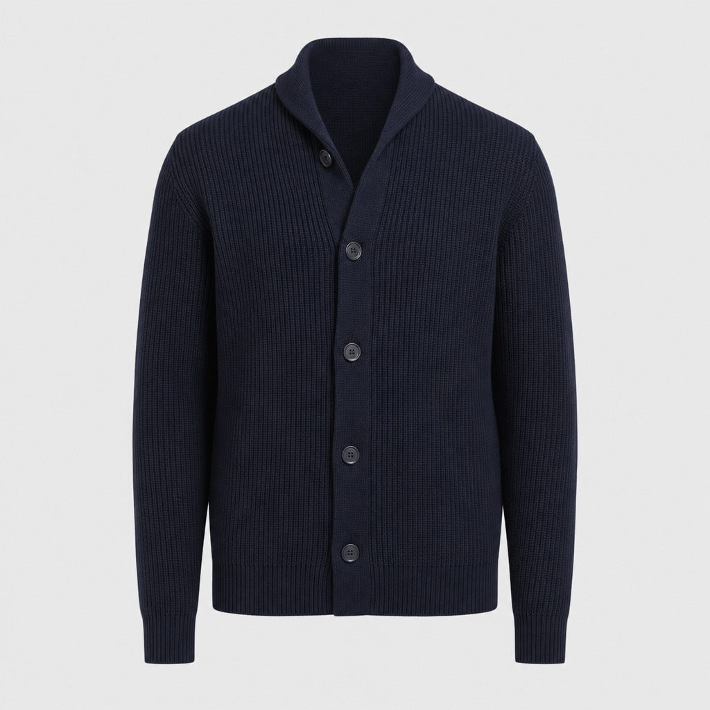 Men’s Wool Blend Collared Button Cardigan Navy Blue product front