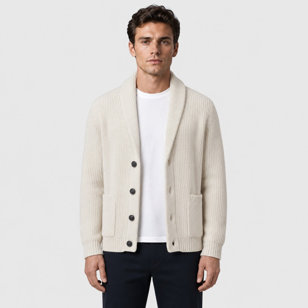Men’s Wool Blend Collared Button Cardigan White